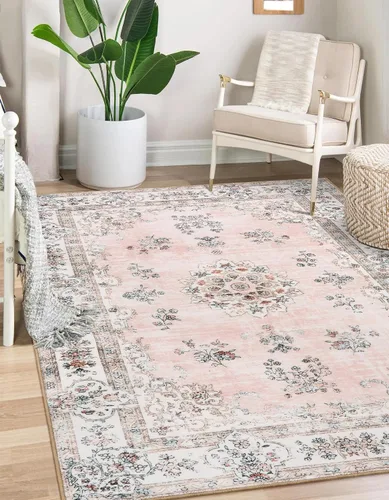 Miniatura 9 de Lahome Alfombra de pasillo rosa de 2 pies 6 pulgadas x 8 pies para pasillo, alfombra europea con estampado floral vintage lavable para cocina, baño