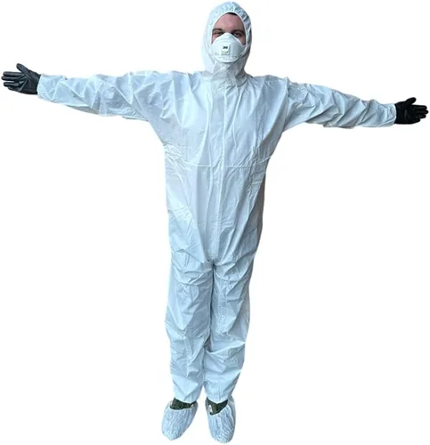 keebomed Traje para materiales peligrosos, overol protector químico, Categoría III, Tipo A, Microporoso, Capucha, Muñequeras y tobillos elásticos,