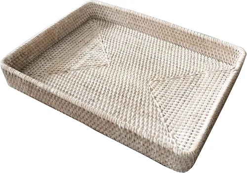 i-lan Bandeja grande tejida de ratán blanco lavado de 17 pulgadas para otomana, bandeja de almacenamiento rectangular blanca con pared de 2.4