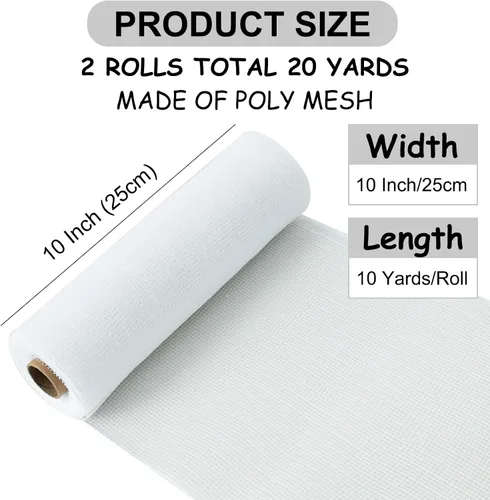 Miniatura 2 de TONIFUL 2 rollos de cinta de malla decorativa blanca de 10 pulgadas, malla de tela con papel de aluminio para suministros de corona de malla, corona