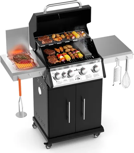 SKOK Parrilla de gas propano de 4 quemadores con quemadores laterales y traseros infrarrojos, parrilla de barbacoa al aire libre con rejillas de