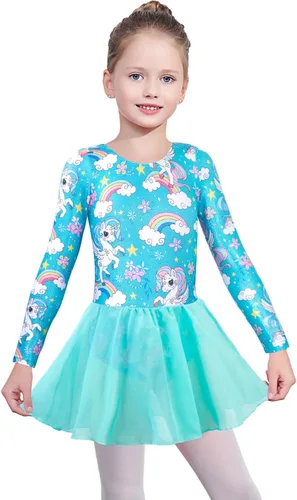 Miniatura 17 de EQSJIU Leotardo de baile de manga larga para niñas, vestido de ballet brillante con copo de nieve, tutú con falda tutú para niñas