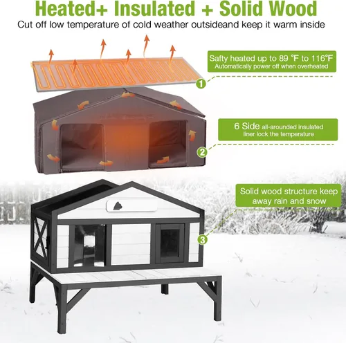 Miniatura 2 de GUTINNEEN Casa climatizada para gatos al aire libre para exteriores, resistente a la intemperie, aislada, refugio para gatos para invierno
