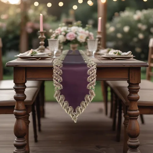 Miniatura 4 de DECOZEN Camino de Mesa Navideño Dorado con Ciruela – Bufanda Decorativa Bordada para Comedor y Tocador para Mesas Navideñas, Bodas y Fiestas – 14 x