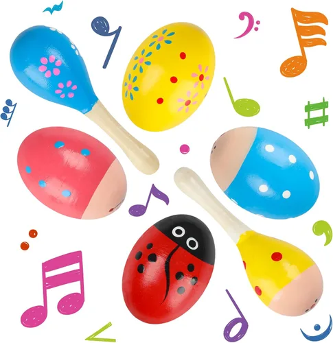Miniatura 5 de Juego de cocteleros de huevos de madera de Pascua (6 piezas), 4 huevos de Pascua y 2 maracas Instrumentos de percusión de mano para práctica