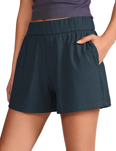 CRZ YOGA Cómodos pantalones cortos acanalados para mujer, de cintura alta, lyocell para uso casual, para descansar, atlético, con bolsillos