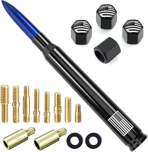 Miniatura 28 de Antena de camión para automóvil con tapas de válvula de neumáticos, bandera estadounidense, repuesto corto universal para GMC Sierra, Chevy, Negro