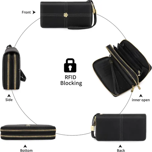 Miniatura 3 de Cartera de cuero real para mujer con adorno de camelia, bloqueo RFID, bolsillo para monedas, Negro, L, Clásico