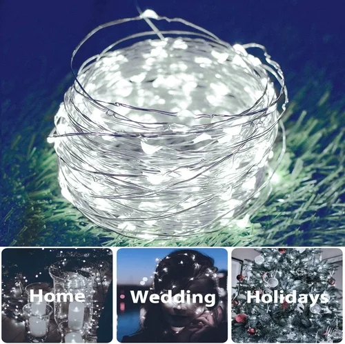 Miniatura 3 de Paquete de 2 cadenas de luces LED de 200 unidades, 66 pies, con cable de cobre, alimentadas por energía solar, impermeables, 8 modos, luces de hadas