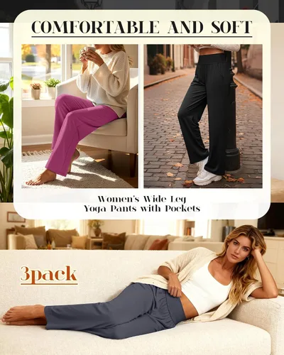 Miniatura 82 de Neer - Conjunto de 3 pantalones de yoga de pierna ancha para mujer - Pantalones deportivos cómodos, holgados, de cintura alta y casuales