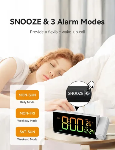 Miniatura 4 de Netzu Reloj de proyección para techo de dormitorio, despertadores con proyector giratorio de 180°, temperatura de fecha y día de la semana, DST