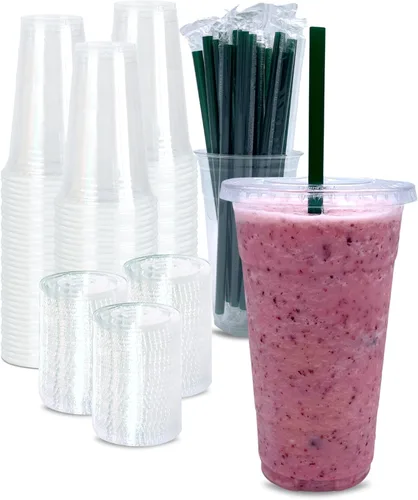 Miniatura 12 de [100 CONJUNTOS] Vasos de plástico transparente de 12 onzas con tapas y POPOTES, vasos desechables para café helado con tapas, vasos transparentes