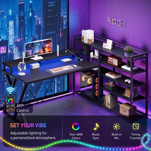Miniatura 6 de RALGEND Escritorio para juegos en forma de L con estantería, escritorio reversible para computadora de 52 pulgadas con luz LED y toma de corriente