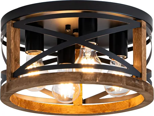 Miniatura 14 de Lámpara de Techo Estilo Granja, Lámpara de Techo Empotrada Redonda de 2 Luces con Marco de Madera y Metal, Luminaria Rústica Negra para Pasillo