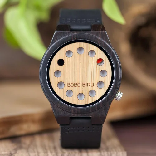 Miniatura 2 de BOBO BIRD Reloj de madera de bambú para hombre con correa de cuero de vaca negra, 12 agujeros, diseño temporizador, relojes deportivos casuales
