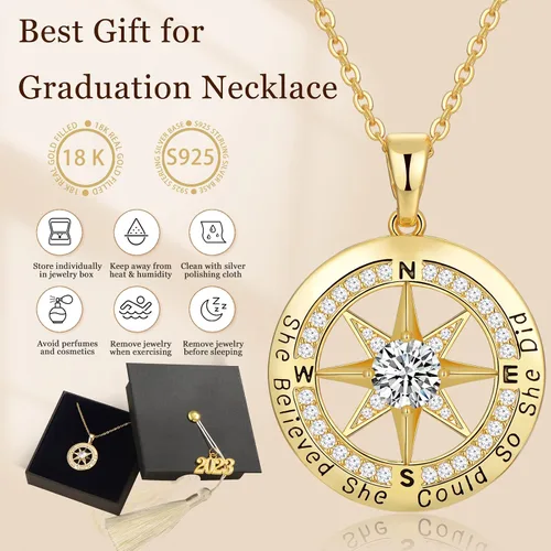 Miniatura 2 de Regalos de graduación para ella 2023, collares de graduación para niñas, collar de brújula de plata esterlina S925 para mujer, regalo de joyería