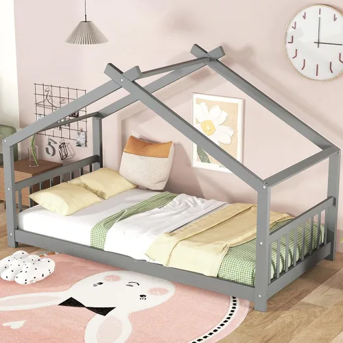 Miniatura 4 de Bellemave Montessori - Cama de suelo tamaño individual, marco de cama individual con cabecero, estribo, cama Montessori de madera con listones