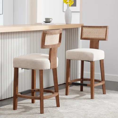 Miniatura 9 de RIVOVA Taburete de bar de ratán de 26 pies, taburetes de cocina modernos con respaldo tejido de ratán natural, sillas tapizadas de lino de granja