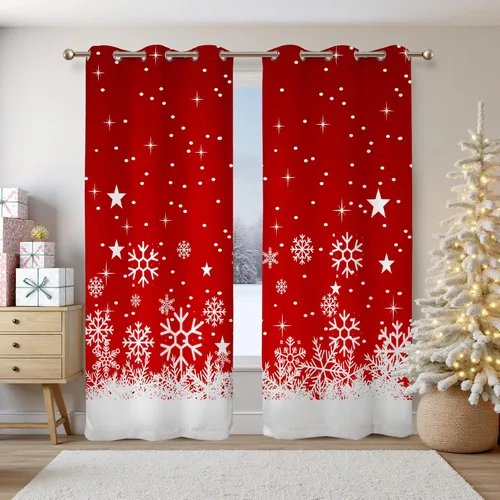 Miniatura 17 de Renaiss Cortinas opacas de Navidad con tablones de madera rústica para dormitorio, con ojales, estampado de copos de nieve navideños, cortinas