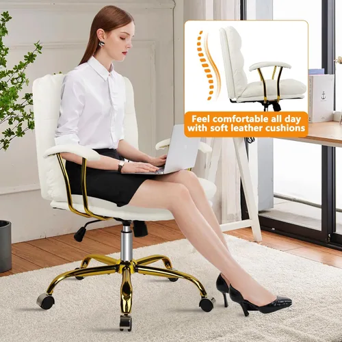 Miniatura 6 de KLASIKA Silla de escritorio de cuero para oficina en casa, silla de tocador de respaldo medio, silla de maquillaje con ruedas doradas y reposabrazos