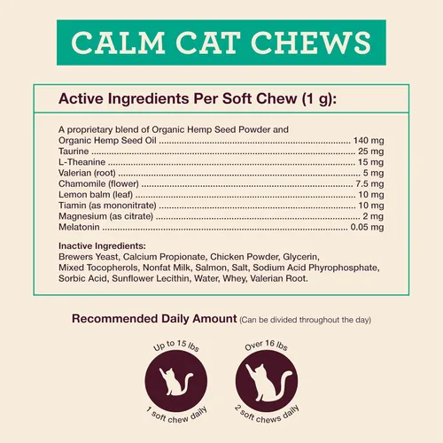 Miniatura 5 de Hemp Well Calm Cat Soft Chews - Fórmula para aliviar la ansiedad y el estrés, ingredientes orgánicos, calma y relaja, mejora el comportamiento, 60