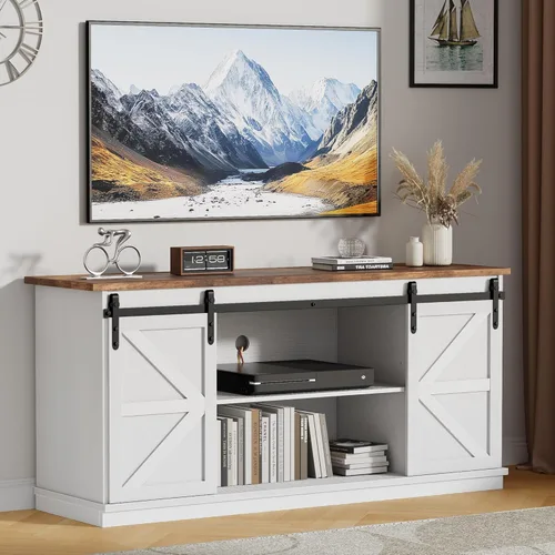 Miniatura 2 de JUMMICO Soporte de TV con 4 cajones para TV de 65 pulgadas, centro de entretenimiento de granja con almacenamiento y puertas corredizas de granero
