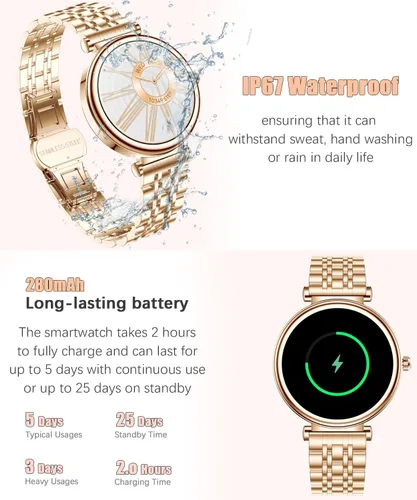 Miniatura 5 de Reloj para mujer, pantalla AMOLED HD de 1.25 pulgadas, reloj inteligente para mujer, rastreador de actividad física con monitor de frecuencia Dorado