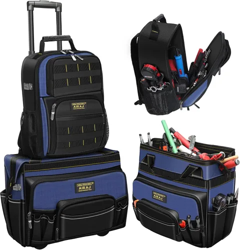 AIRAJ Bolsa de herramientas rodante de 21 pulgadas con ruedas y juego de mochila de herramientas de 18 pulgadas | Asa telescópica ajustable | Bolsa