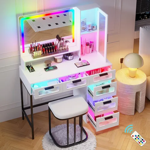 HNEBC - Mesa de tocador RGB con espejo y luces, mesa de maquillaje con espejo LED y estación de carga USB/inalámbrica, juegos de mesa de tocador con