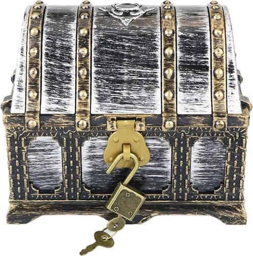 Miniatura 13 de Cofre del tesoro pirata para niños: pequeña caja del tesoro con cerradura y llave, caja de colección vintage de plástico para almacenamiento