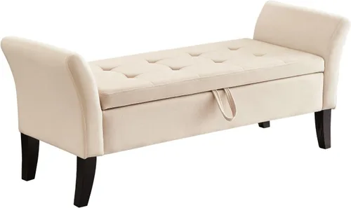 Banco otomano tapizado de tela de terciopelo de 51.5 pulgadas con almacenamiento y brazos, asiento acolchado con patas de madera maciza, asiento