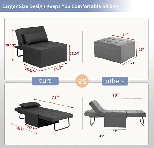 Miniatura 2 de Sofá cama plegable y multifuncional 4 en 1: otomana, cama para invitados moderna con silla reclinable ajustable para habitación pequeña o apartamento