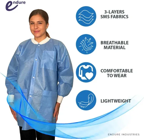 Miniatura 3 de Endure Lab - Chaqueta desechable, longitud de cintura o cadera, cuello de punto y puños de punto, material SMS, diseño transpirable, caja de 10