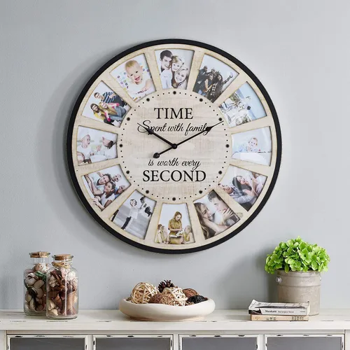 Miniatura 3 de Reloj de pared de madera rústica estilo granja con collage de 12 fotos, reloj de pared grande con fotos familiares para sala de estar, hogar