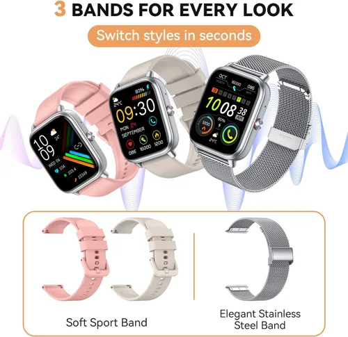 Miniatura 3 de Reloj inteligente para mujeres y hombres, batería de 1000 mAh, contador de actividades, compatible con Android iPhone iOS, 3 correas Plateado