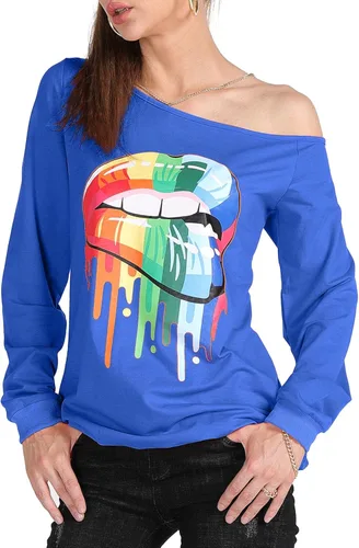 Miniatura 4 de MAGICMK Sudaderas de manga larga con hombros descubiertos para mujer con estampado de labios y hombros descubiertos
