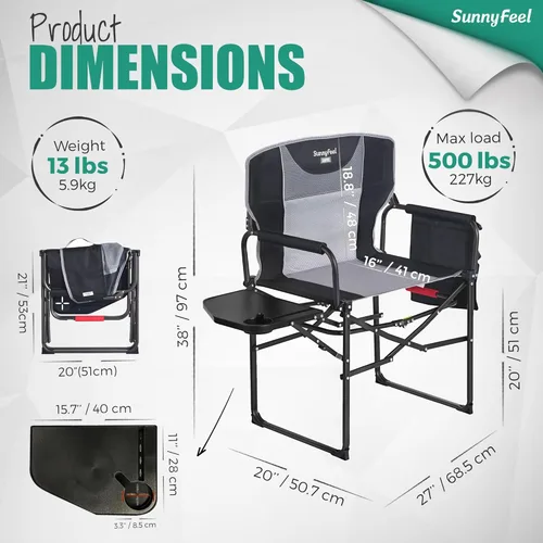 Miniatura 2 de SUNNYFEEL Silla de directores de campamento de gran tamaño de 500 libras resistente, silla plegable portátil con mesa auxiliar, bolsillo para playa