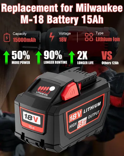 Miniatura 2 de HOCHSTERN Reemplazo de 18 V 15.0Ah para batería Milwaukee M-18 de alto rendimiento compatible con baterías Milwaukee de 18 voltios 48-11-1862