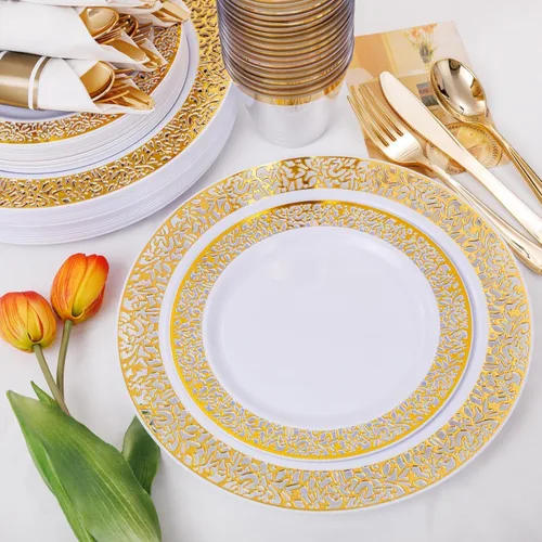 Miniatura 7 de WELLIFE Juego de vajilla para 50 invitados, platos de plástico dorados, platos para Fiestas elegantes Desechables incluyen: 50 platos llanos, 50