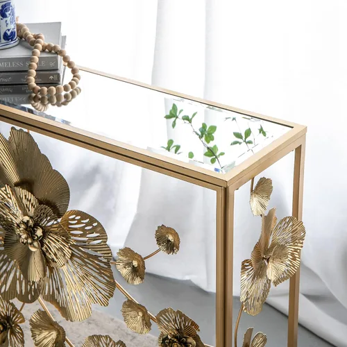 Miniatura 7 de A&B Home - Mesa consola dorada con parte superior de vidrio espejado, mesa consola moderna de mediados de siglo con marco de metal para sala