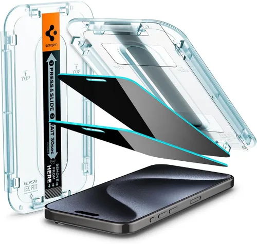Spigen Protector de pantalla de vidrio templado [GlasTR EZ FIT – Privacidad] diseñado para iPhone 15 Pro [compatible con fundas] – Paquete de 2