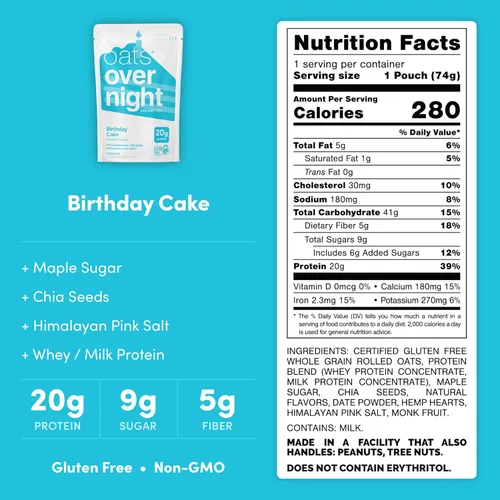 Miniatura 2 de Oats Overnight - Pastel de cumpleaños - Batido de desayuno de proteína de 0.71 oz - Sin gluten, 0.18 oz de fibra, avena sin OMG (2.7 oz por comida)