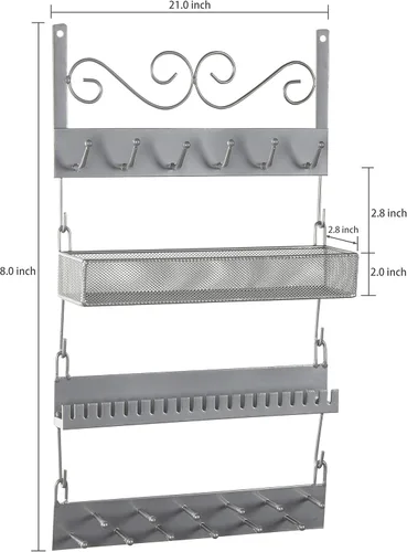 Miniatura 4 de MyGift Organizador de joyería colgante de metal plateado de 4 niveles con 18 ganchos, soporte para pendientes y collar, estante para exhibición