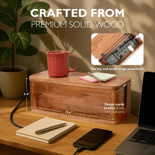 Miniatura 2 de Caja grande de gestión de cables - Madera de acacia - Caja organizadora de cables y caja de tira de alimentación para la gestión de cables