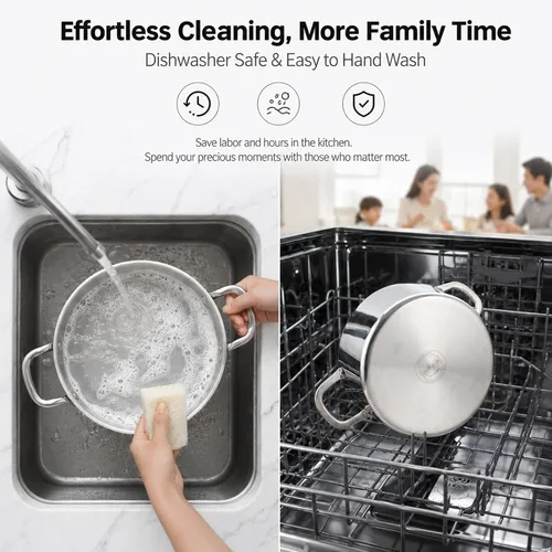 Miniatura 7 de TeamFar Olla de 8 cuartos de galón, olla de cocina de pasta de acero inoxidable de tres capas con tapa de vidrio, para estufas de cerámica de gas