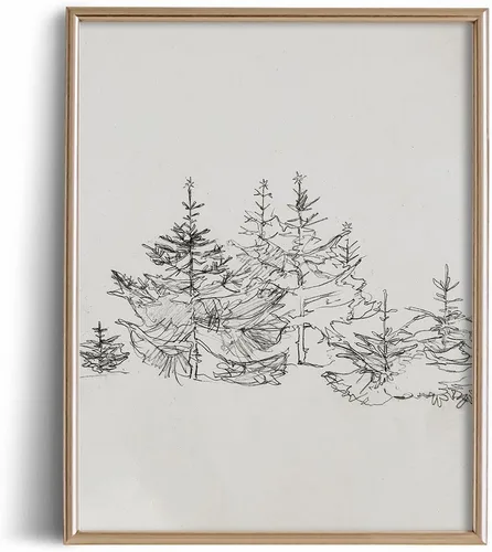 Miniatura 13 de Póster con estampado de árboles del bosque, color beige, dibujo de paisaje, grabado rústico, gris, arte de pared apagado, boceto gris neutro