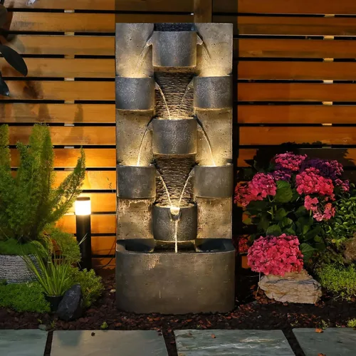 Miniatura 11 de Fuente de agua moderna de 3 niveles para interior/exterior de 35" de alto con luces LED y bomba, cascada en cascada independiente al aire libre