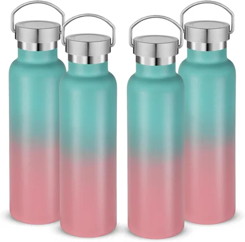 Neihepal Paquete de 4 botellas de agua aisladas de 20 onzas, botella deportiva de doble pared de acero inoxidable con tapa de asa, termo Bubble gum