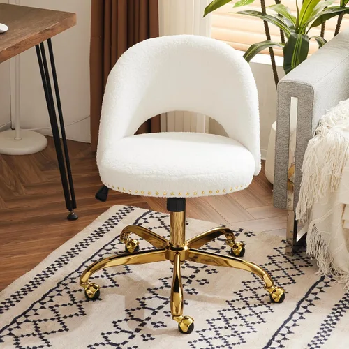 Miniatura 17 de VINGLI Silla de Oficina Pequeña de Terciopelo Moderna, Linda Silla de Escritorio con Ruedas, Base/Tachuelas Doradas, Cómoda Silla Giratoria sin Beige