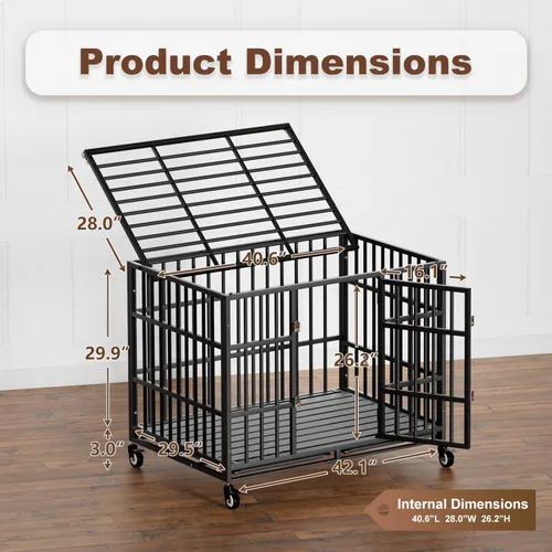 Miniatura 2 de Snuowu Jaula para perros de alta resistencia de 42 pulgadas con ruedas, jaula indestructible a prueba de escapes para perros grandes, extragrande